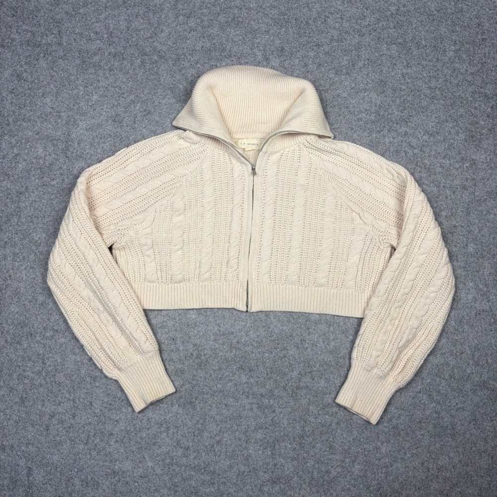 LA Hearts Womens XS Cream Cable Knit Cropped Full Zip High Neck Sweater